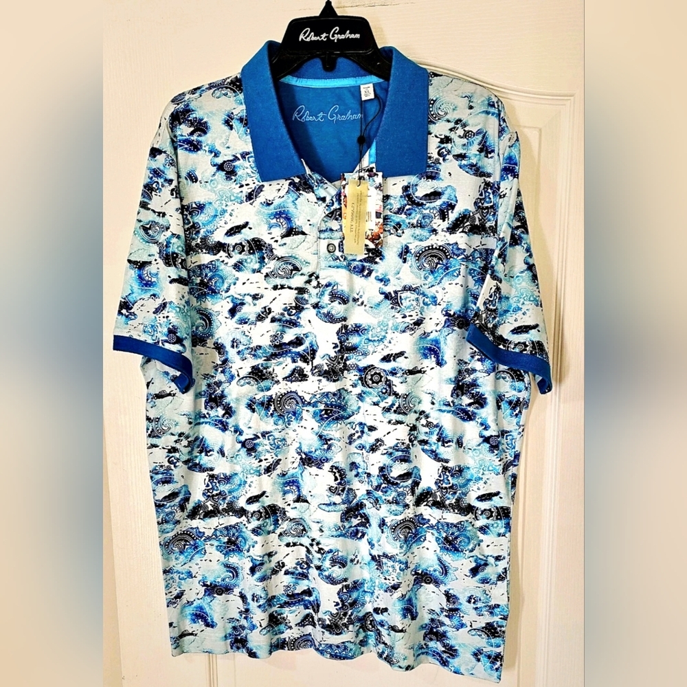 Robert Graham Blue Patterned Men's Polo Size XL New With Tags.
